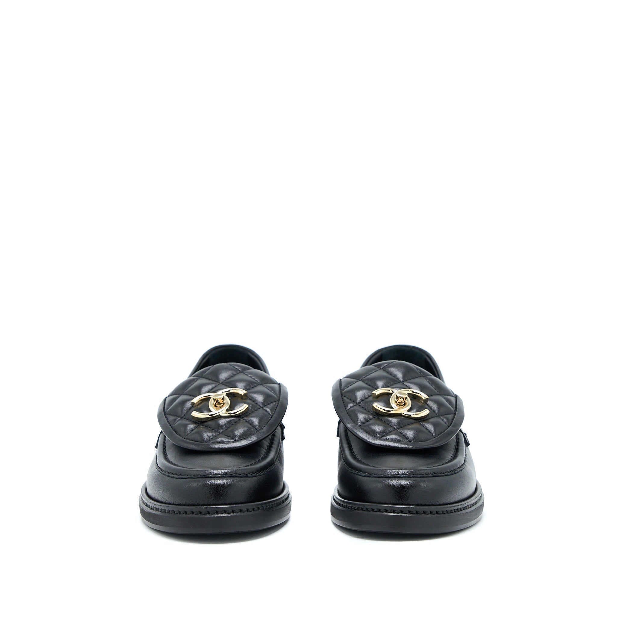 CHANEL CC TURNLOCK LOAFERS BLACK QUILTED LEATHER LGHW