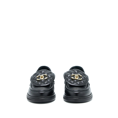 CHANEL CC TURNLOCK LOAFERS BLACK QUILTED LEATHER LGHW