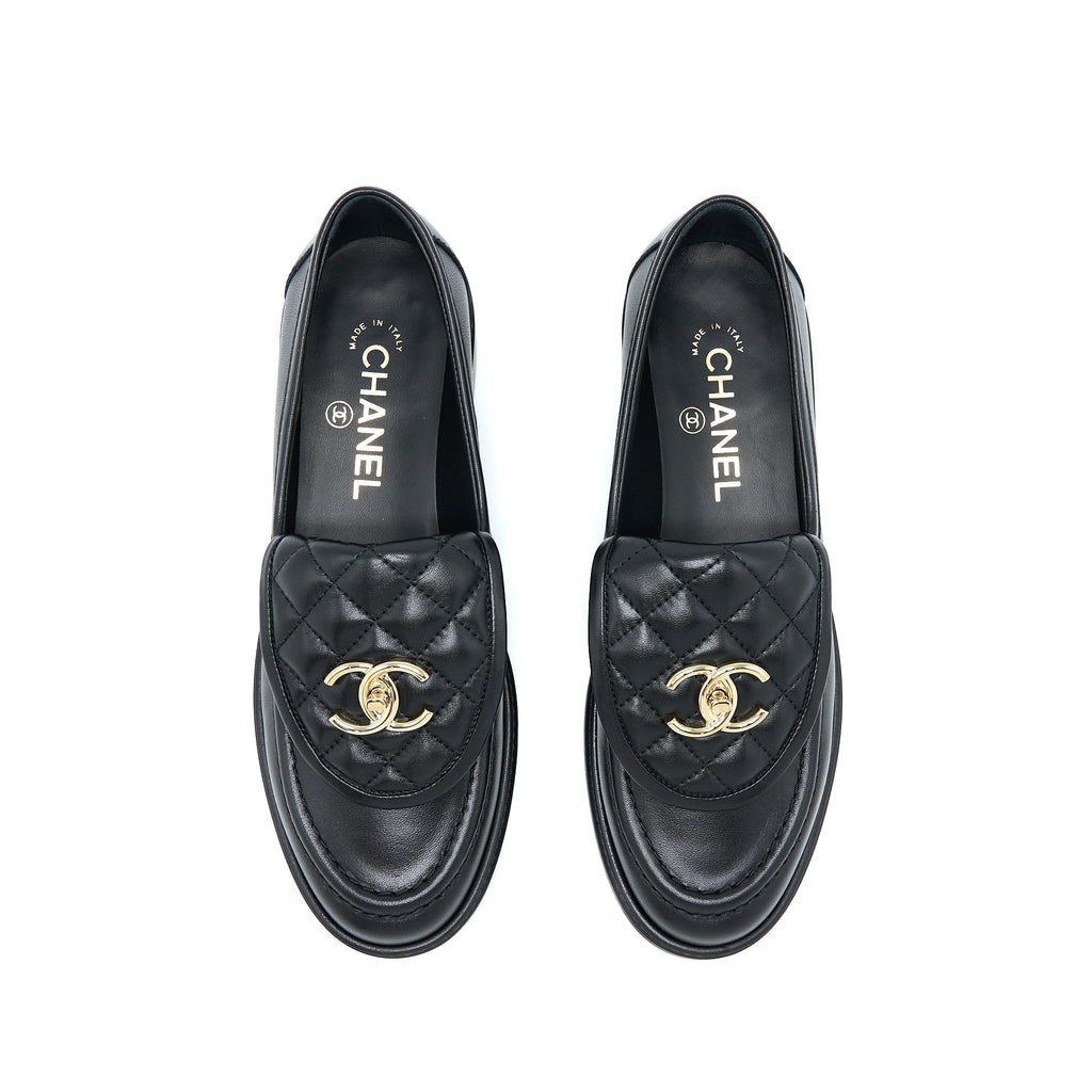 CHANEL CC TURNLOCK LOAFERS BLACK QUILTED LEATHER LGHW