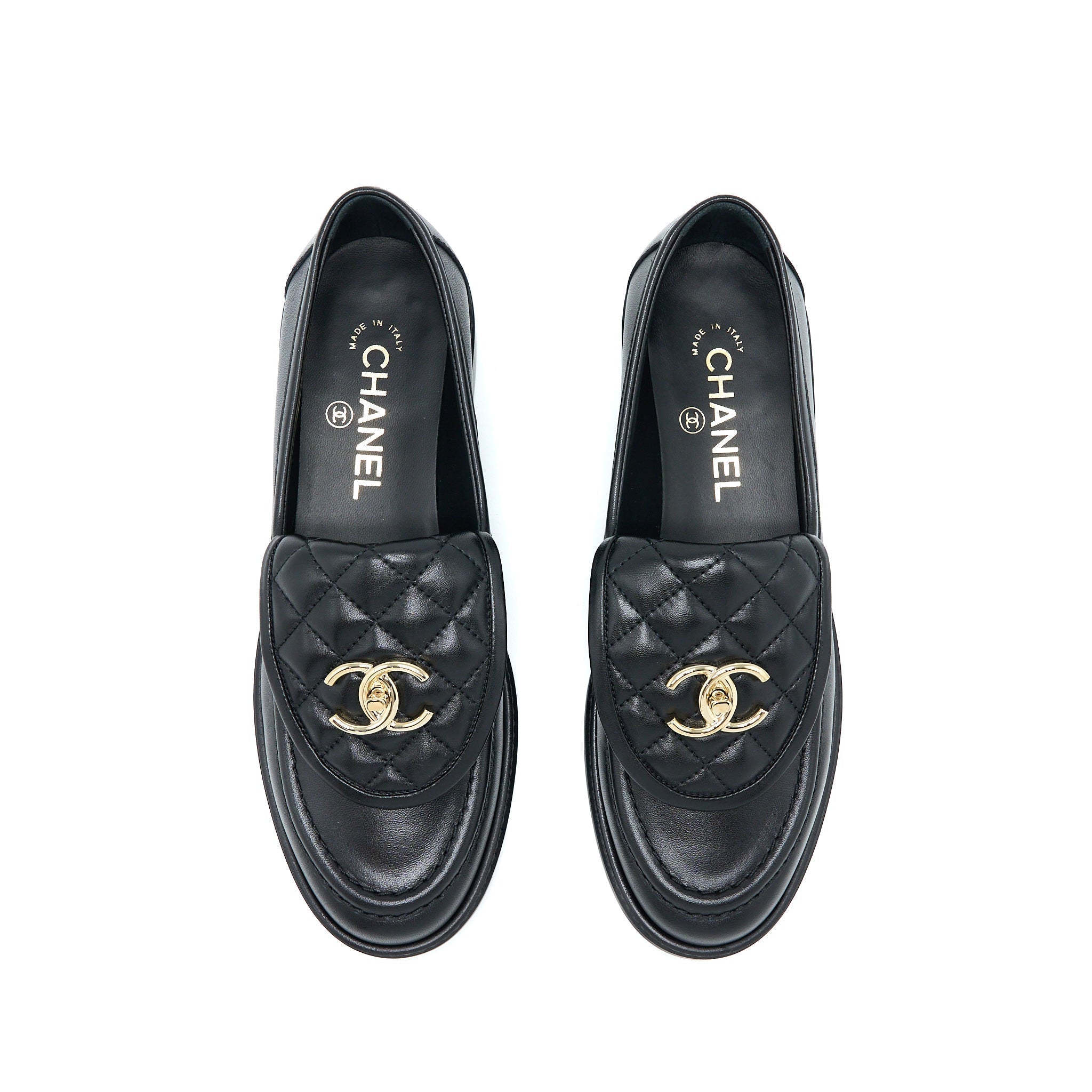 CHANEL CC TURNLOCK LOAFERS BLACK QUILTED LEATHER LGHW