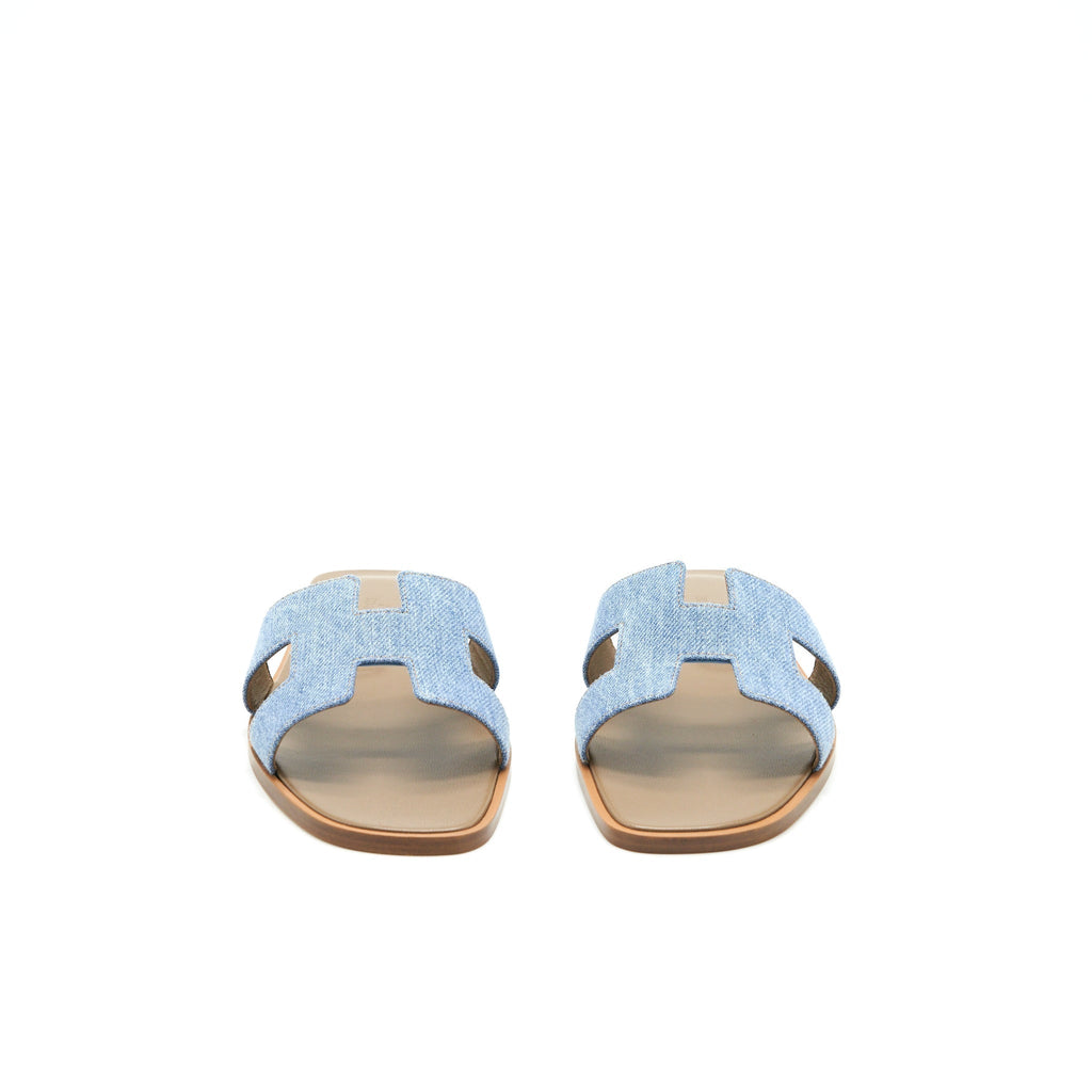 HERMES ORAN SANDALS DENIM CANVAS BLUE CLAIR