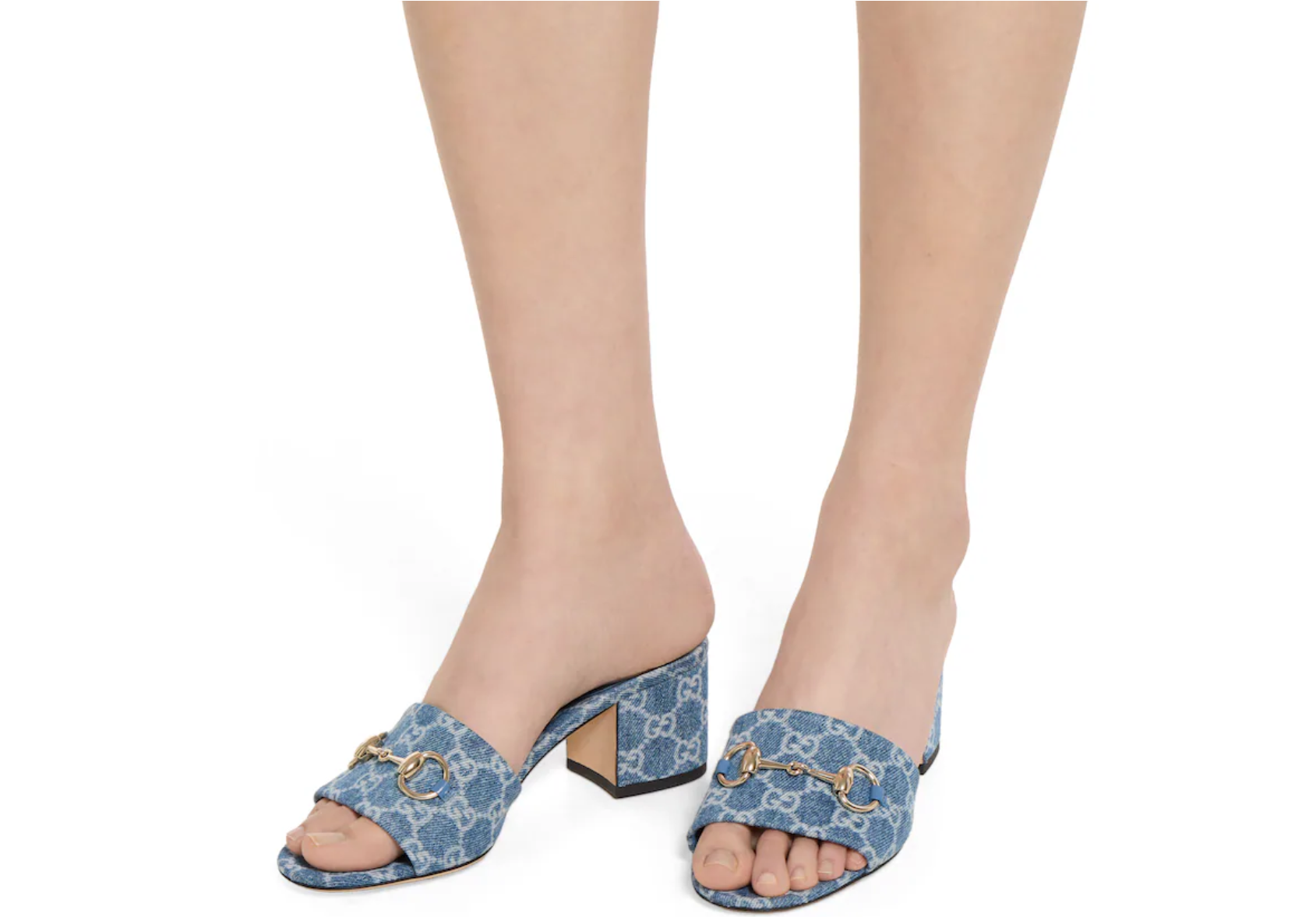 GUCCI PLATFORM SLIDE SANDAL WITH HORSEBIT BLUE DENIM