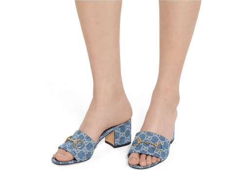 GUCCI PLATFORM SLIDE SANDAL WITH HORSEBIT BLUE DENIM