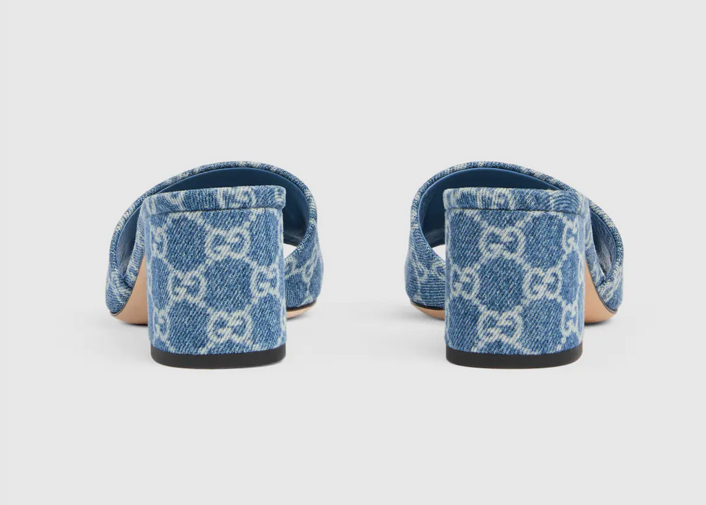 GUCCI PLATFORM SLIDE SANDAL WITH HORSEBIT BLUE DENIM