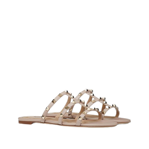 VALENTINO GARAVANI ROCKSTUD CALFSKIN LEATHER SLIDE SANDAL 60MM POUDRE (FLAT SANDAL)