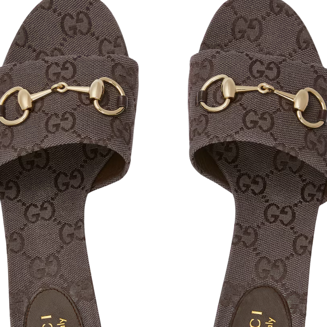 GUCCI PLATFORM SLIDE SANDAL WITH HORSEBIT DARK BROWN