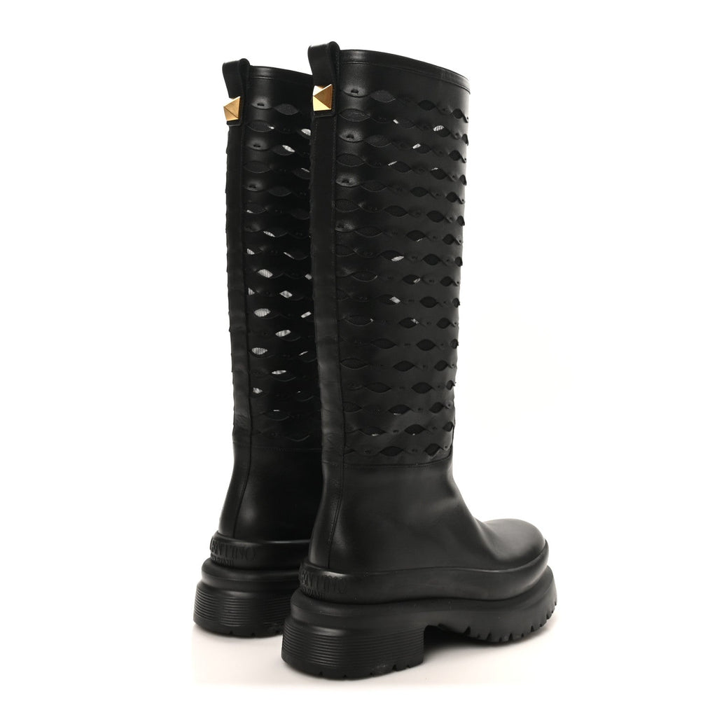 CALFSKIN MESH ROMAN STUD LASER CUT KNEE HIGH BOOTS BLACK