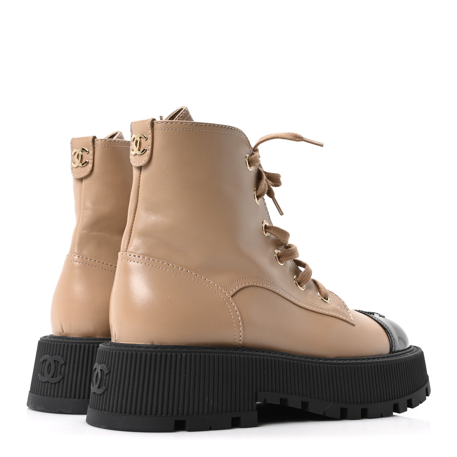CALFSKIN PATENT CALFSKIN CC LACE UP COMBAT BOOTS BEIGE BLACK