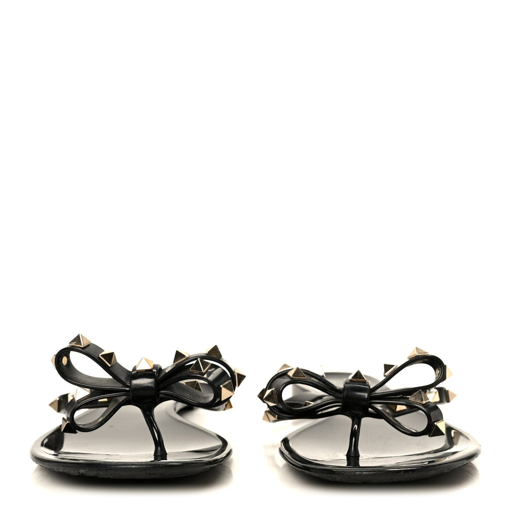 PVC JELLY ROCKSTUD BOW THONG SANDALS BLACK