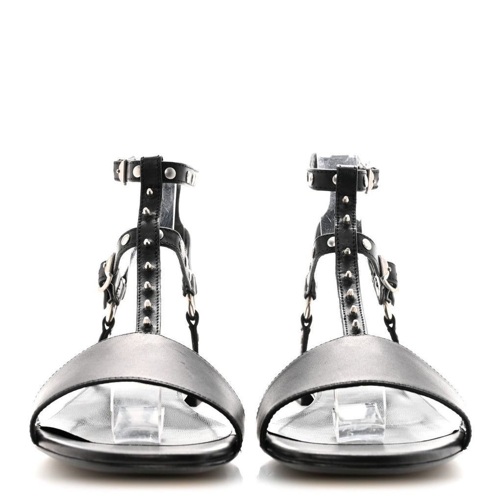 CALFSKIN STUDDED ANKLE STRAP SANDALS BLACK