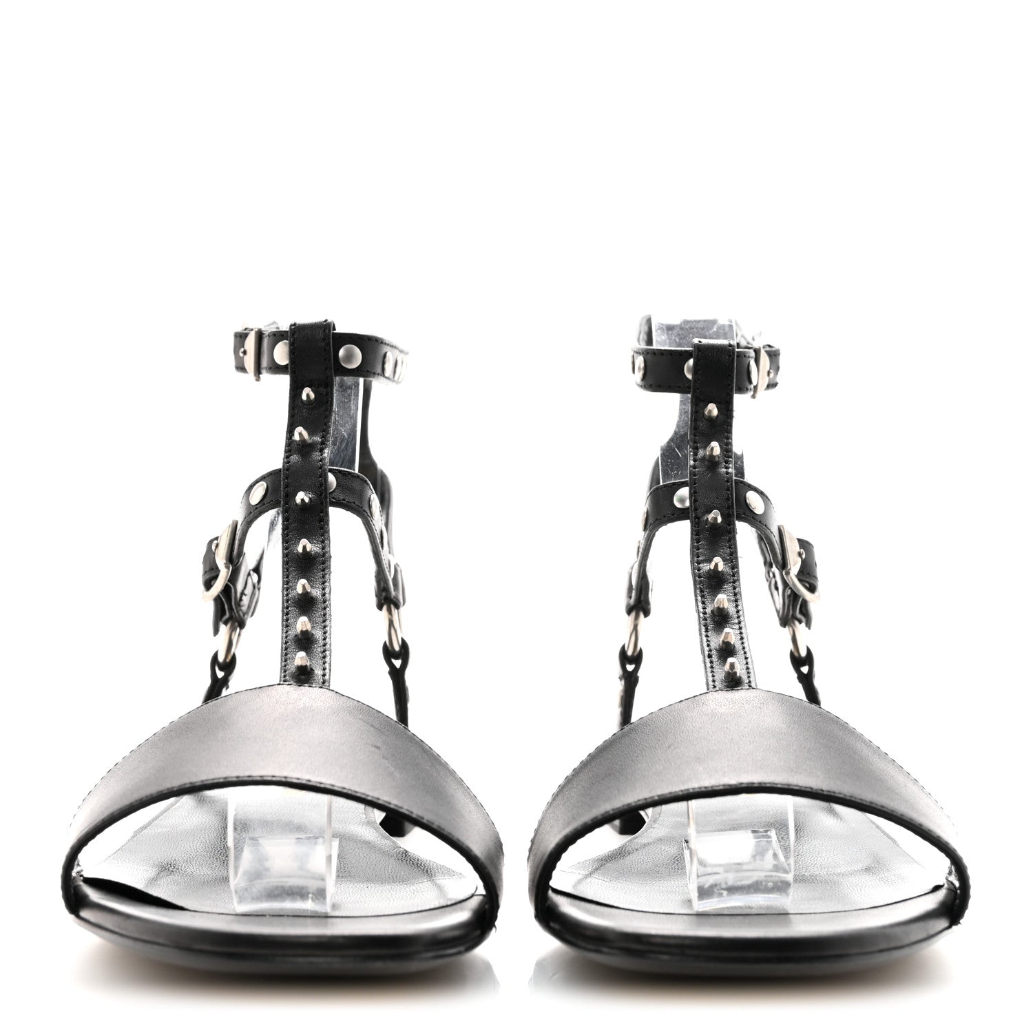 CALFSKIN STUDDED ANKLE STRAP SANDALS BLACK
