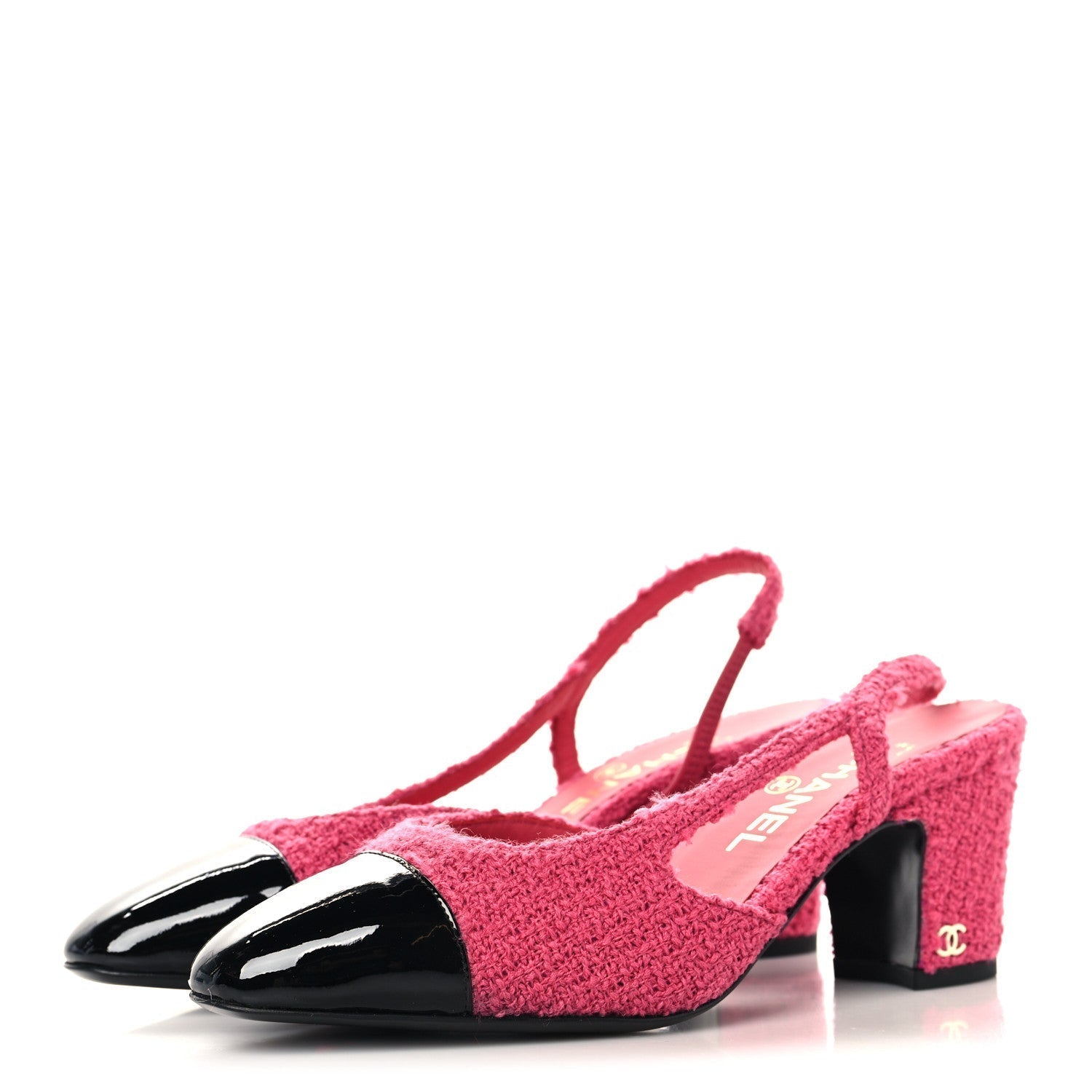 TWEED PATENT CAP TOE CC SLINGBACK PUMPS PINK BLACK