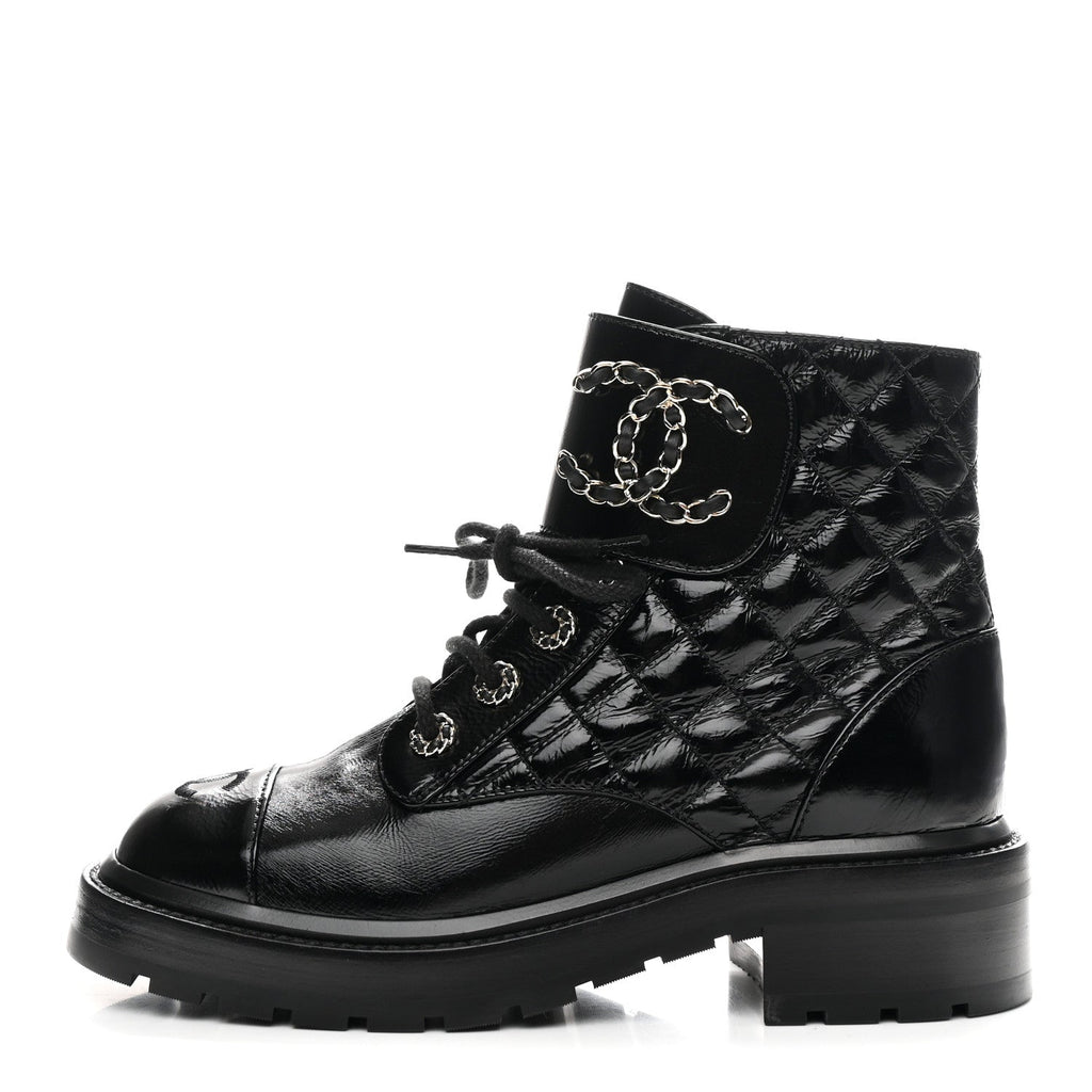 SHINY CALFSKIN QUILTED LACE UP COMBAT BOOTS BLACK