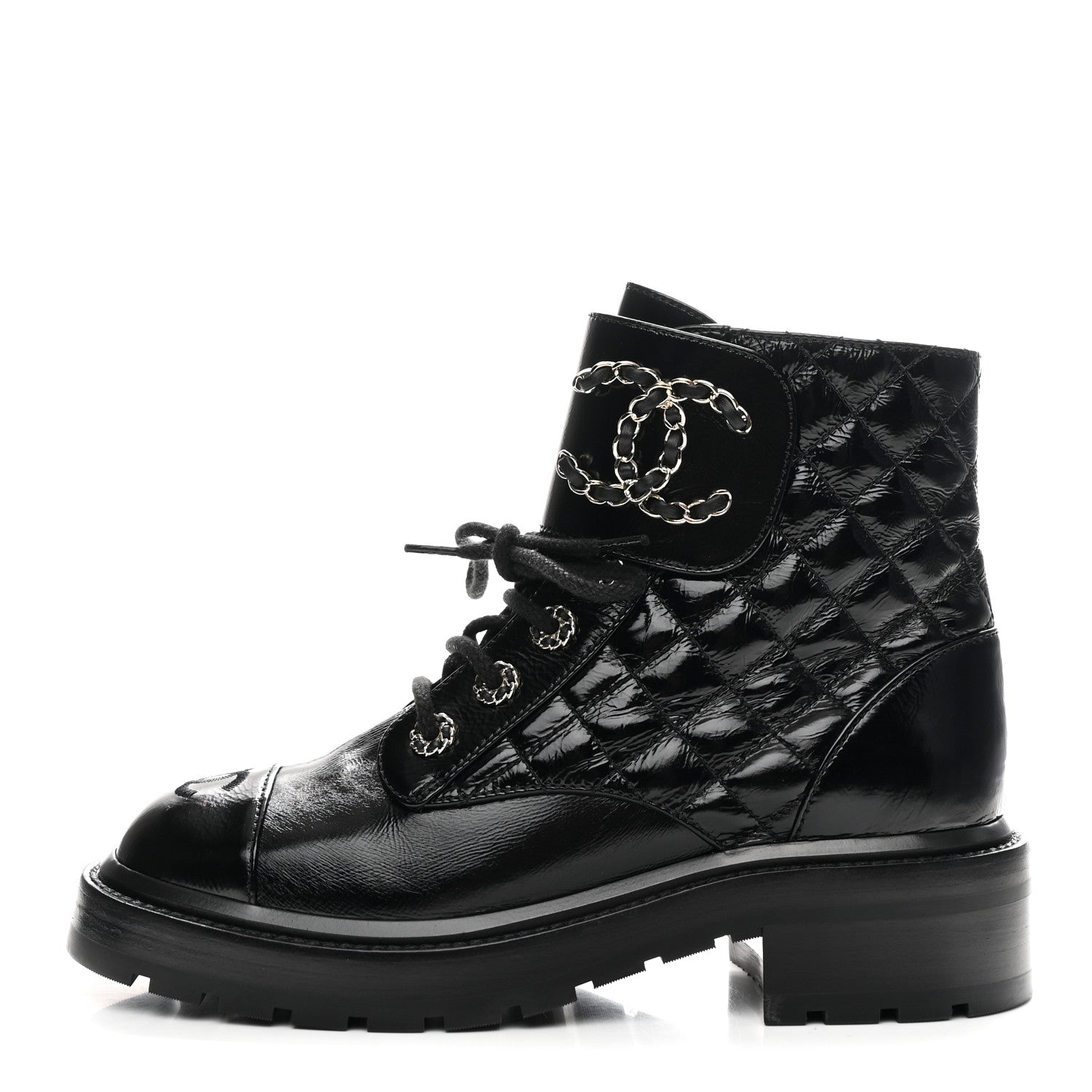 SHINY CALFSKIN QUILTED LACE UP COMBAT BOOTS BLACK