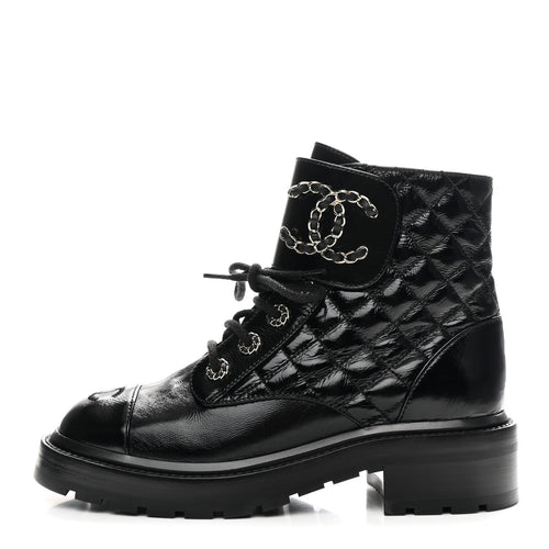 SHINY CALFSKIN QUILTED LACE UP COMBAT BOOTS BLACK