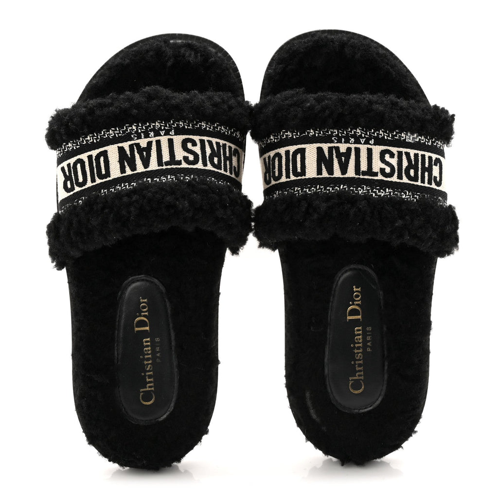 SHEARLING CANVAS LUREX EMBROIDERED DWAY 10MM SLIDE SANDALS BLACK NATURAL
