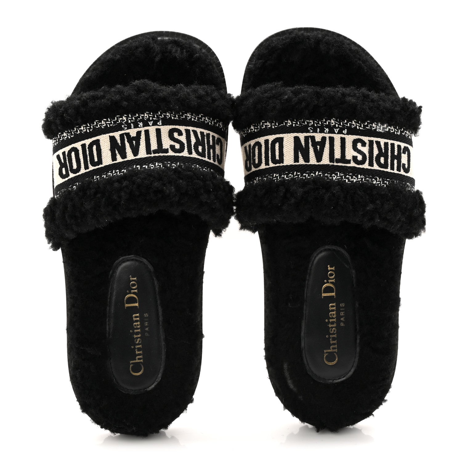 SHEARLING CANVAS LUREX EMBROIDERED DWAY 10MM SLIDE SANDALS BLACK NATURAL