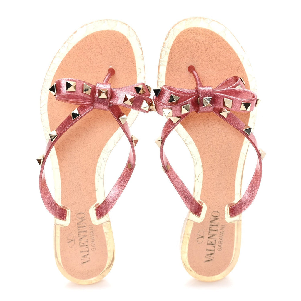 PVC JELLY GLITTER ROCKSTUD BOW THONG SANDALS PINK