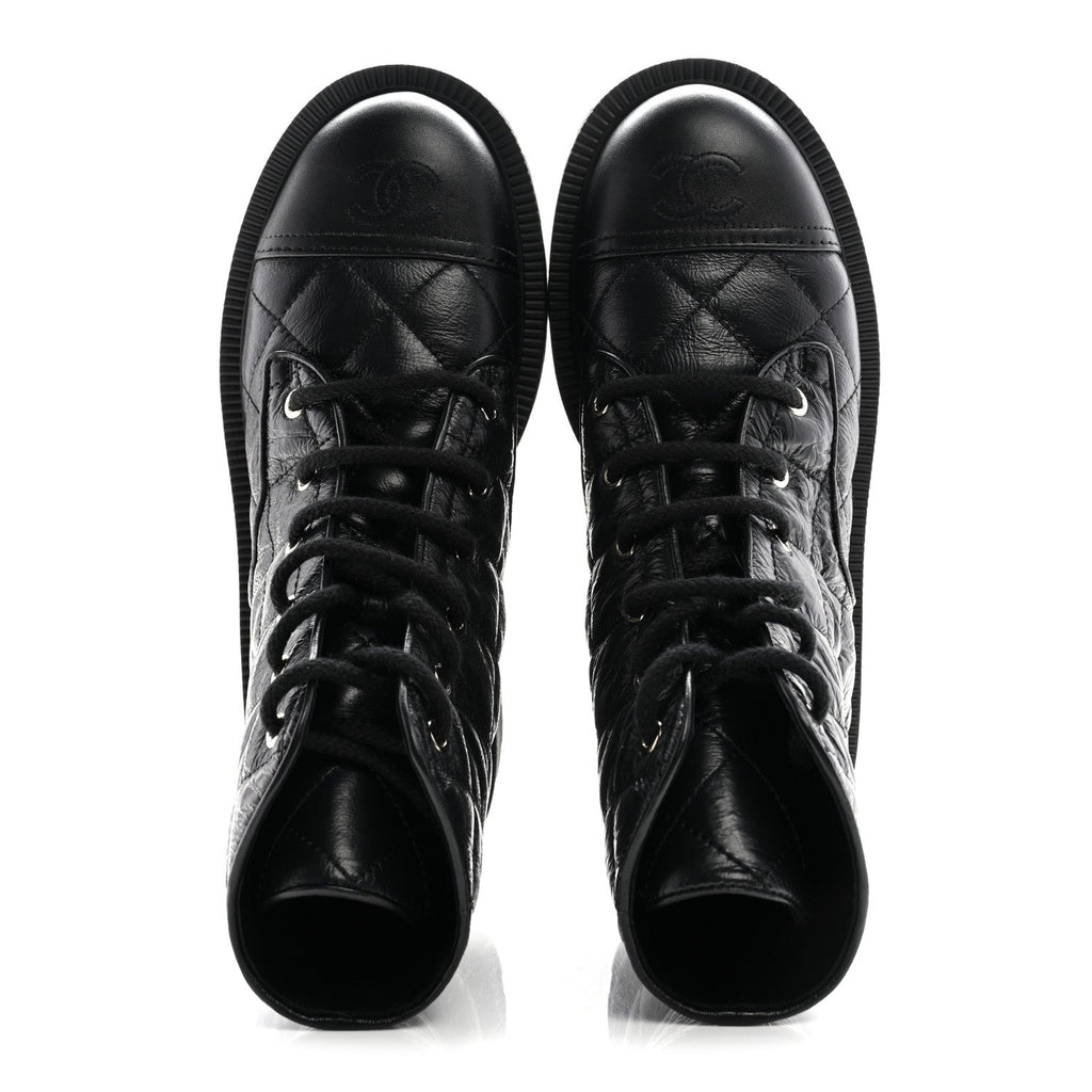 CRUMPLED LAMBSKIN QUILTED PLATFORM LACE UP COMBAT BOOTS BLACK