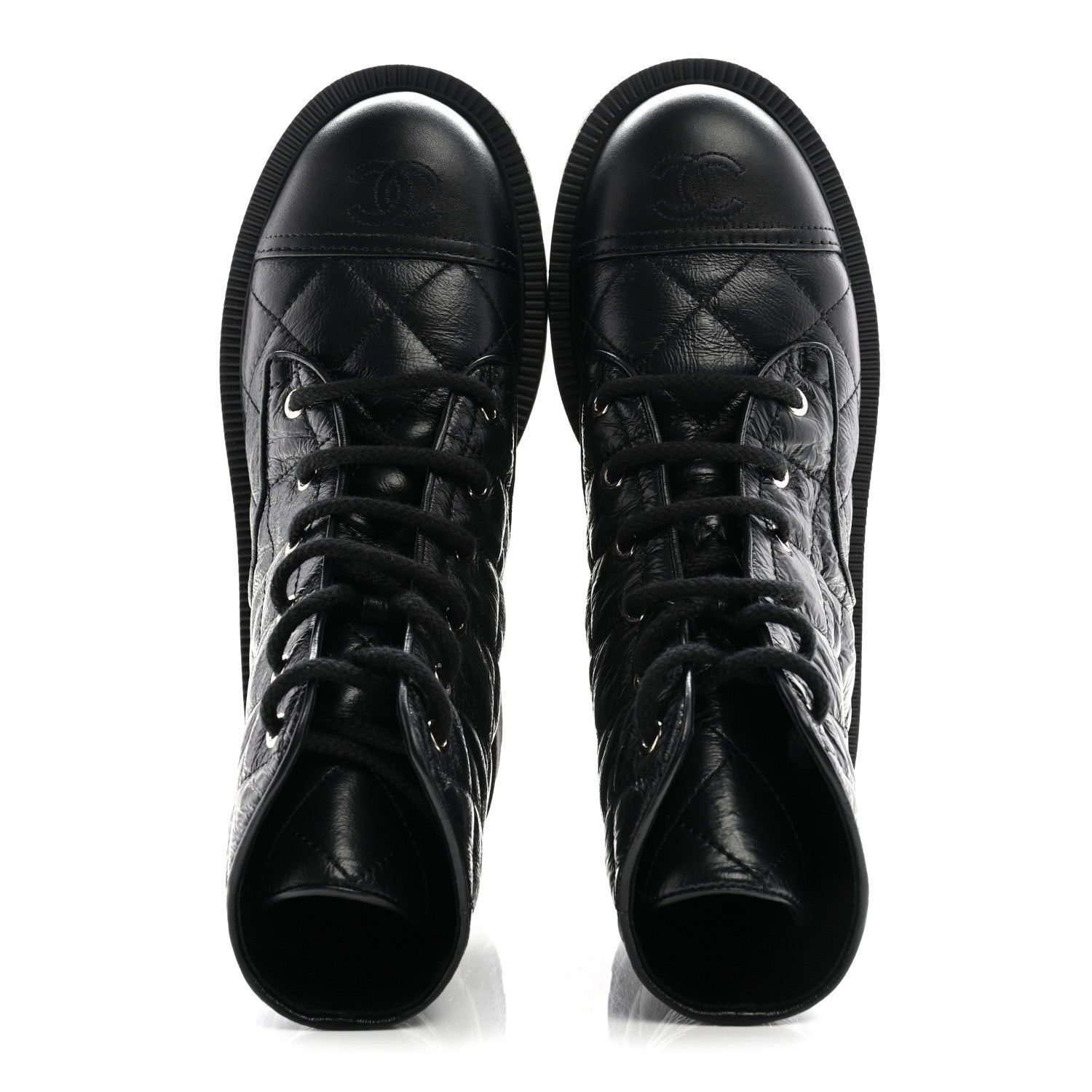 CRUMPLED LAMBSKIN QUILTED PLATFORM LACE UP COMBAT BOOTS BLACK