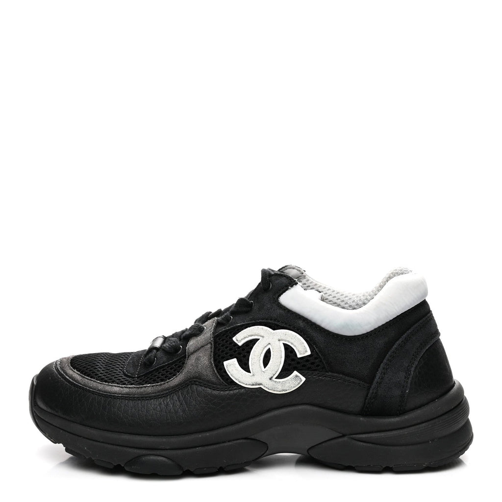 MESH SUEDE GRAINED CALFSKIN WOMENS CC SNEAKERS BLACK WHITE