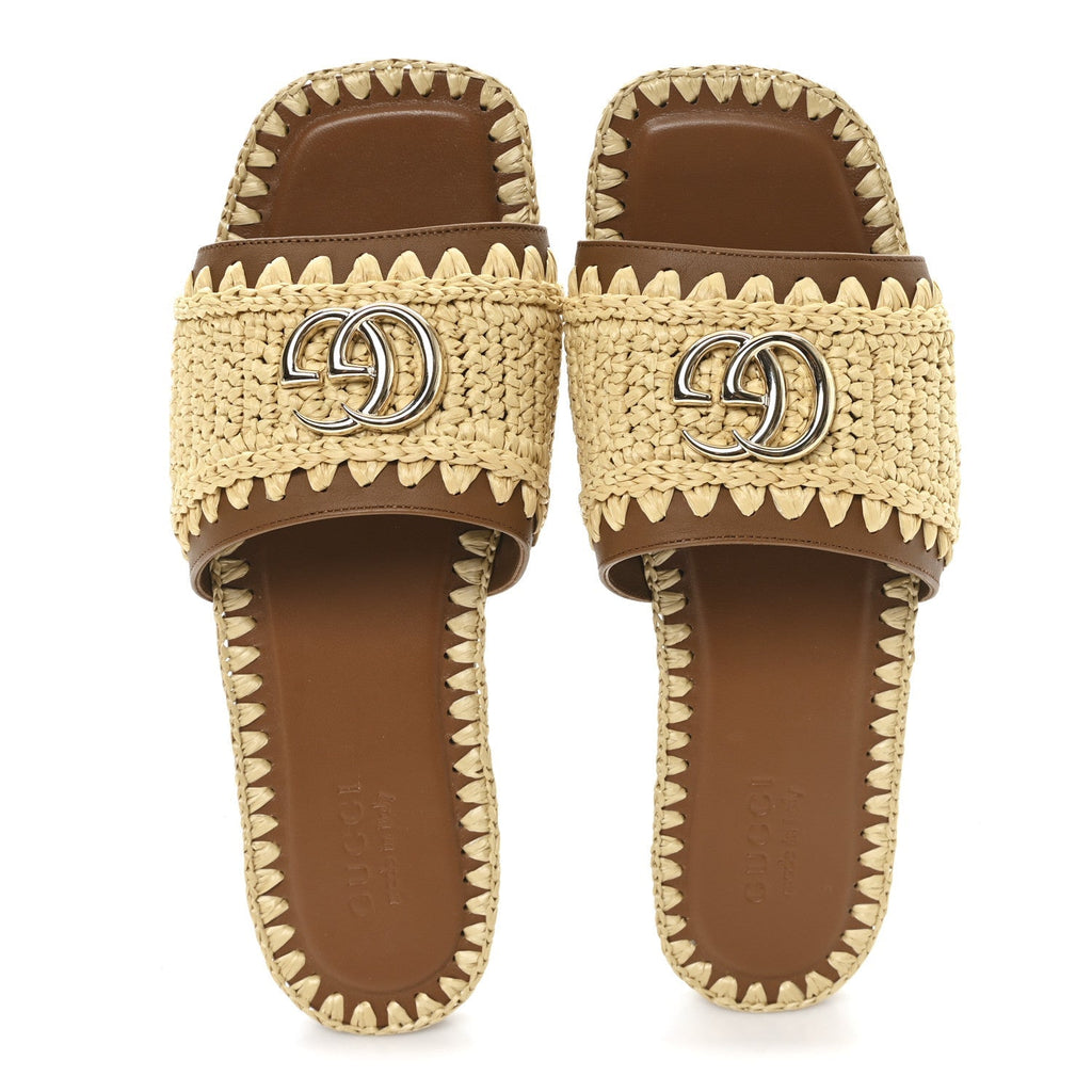 RAFFIA INTERLOCKING G FLAT SLIDE SANDALS BRIGHT NATURAL SUNDIAL