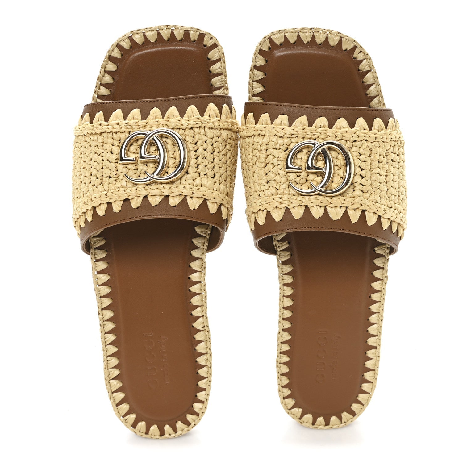RAFFIA INTERLOCKING G FLAT SLIDE SANDALS BRIGHT NATURAL SUNDIAL