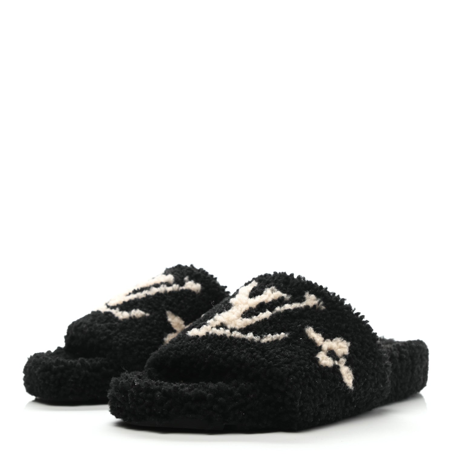 LOUIS VUITTON SHEARLING BOM DIA FLAT MULE IN BLACK