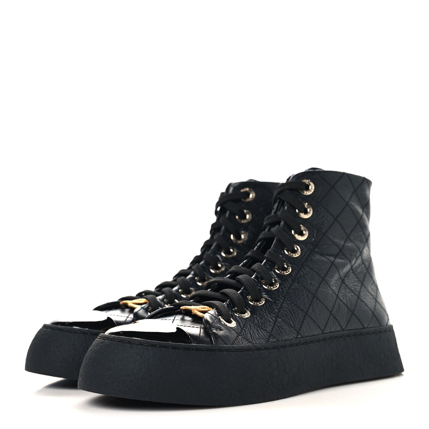 CRUMPLED LAMBSKIN PATENT CAP TOE CC STITCHED HIGH TOP SNEAKERS BLACK