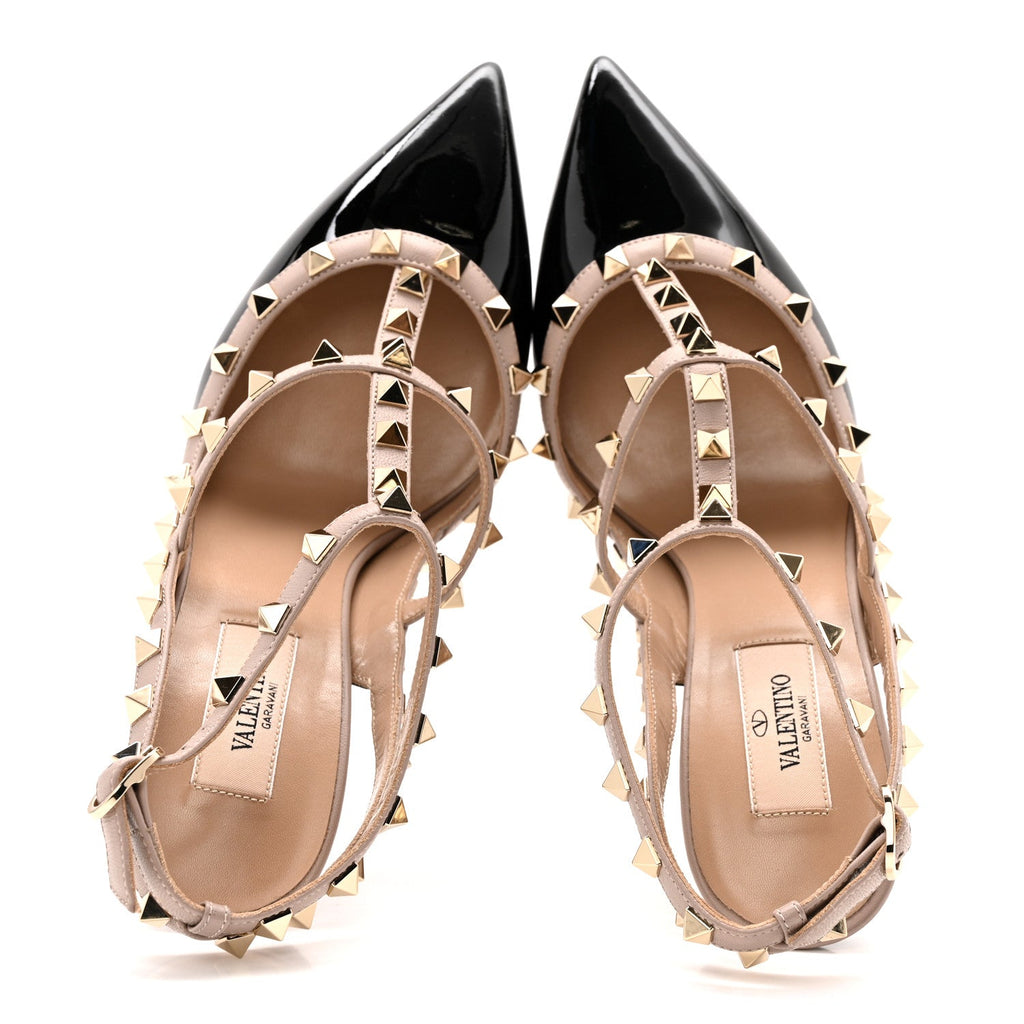 PATENT NAPPA ROCKSTUD ANKLE STRAP 100MM PUMPS BLACK POUDRE