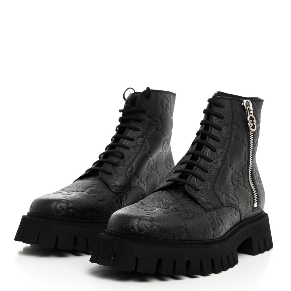 CALFSKIN EMBOSSED MONOGRAM LACE UP ANKLE BOOTS BLACK