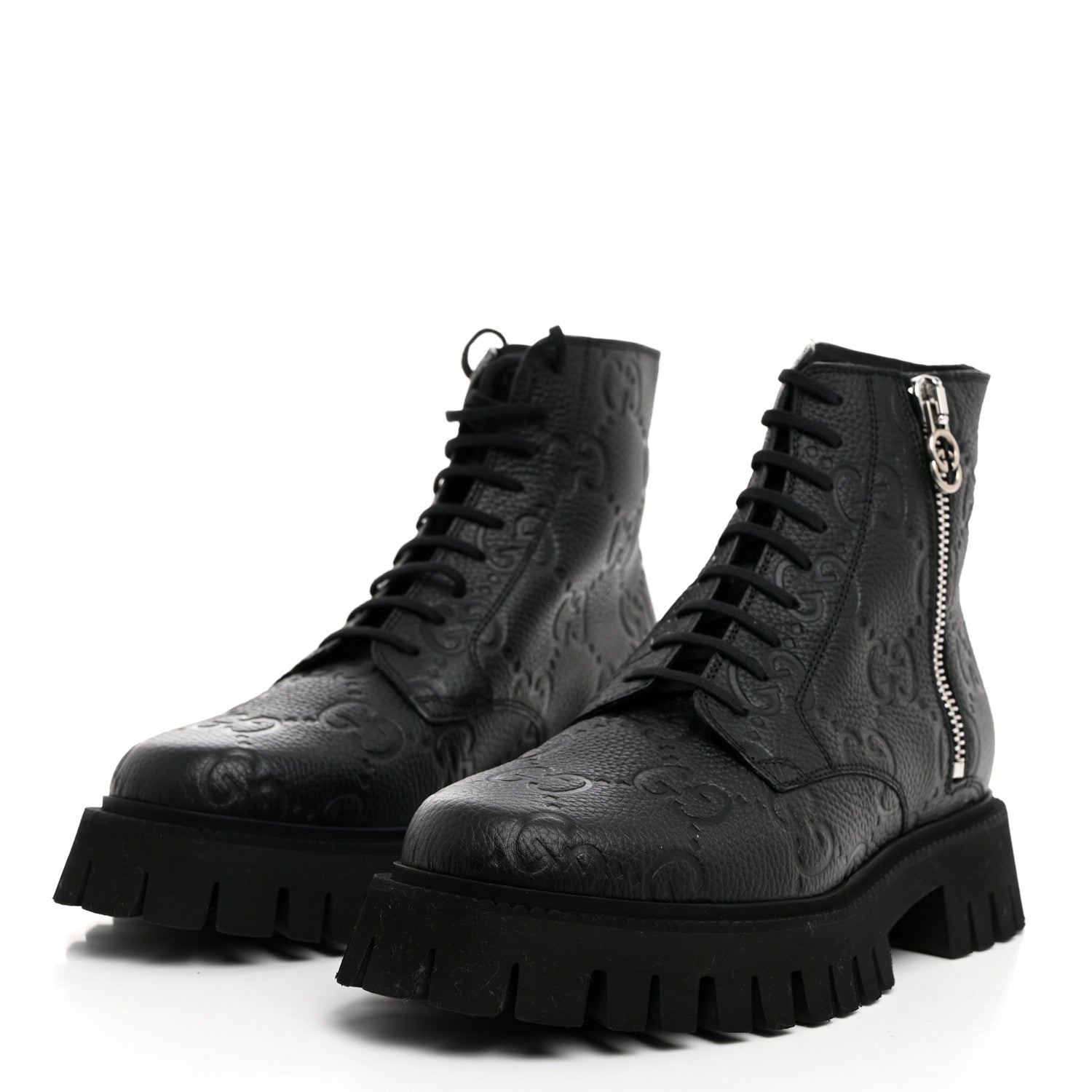 CALFSKIN EMBOSSED MONOGRAM LACE UP ANKLE BOOTS BLACK