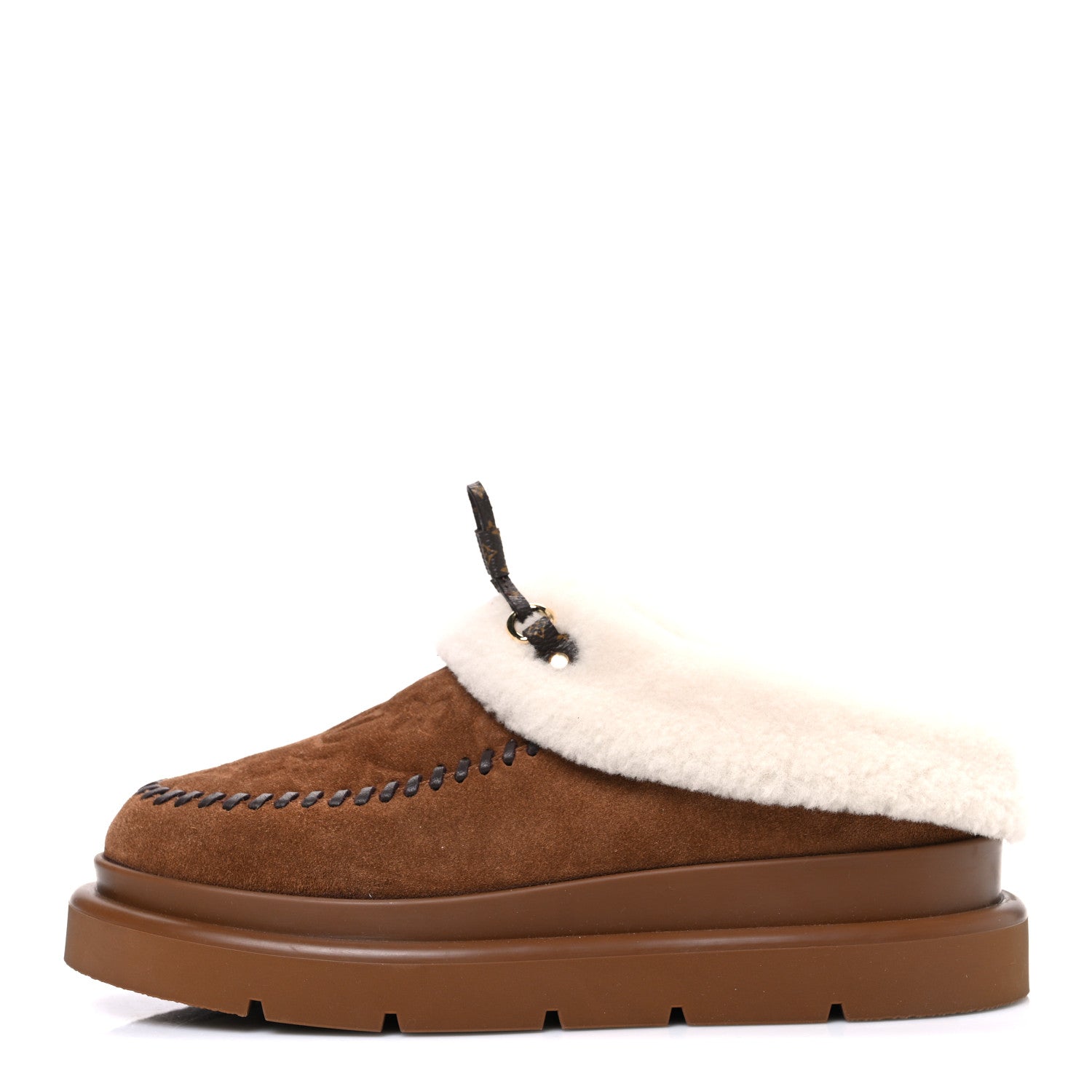 SUEDE CALFSKIN SHEARLING MONOGRAM DEBOSSED CORTINA CLOSED MULE LIGHT BEIGE