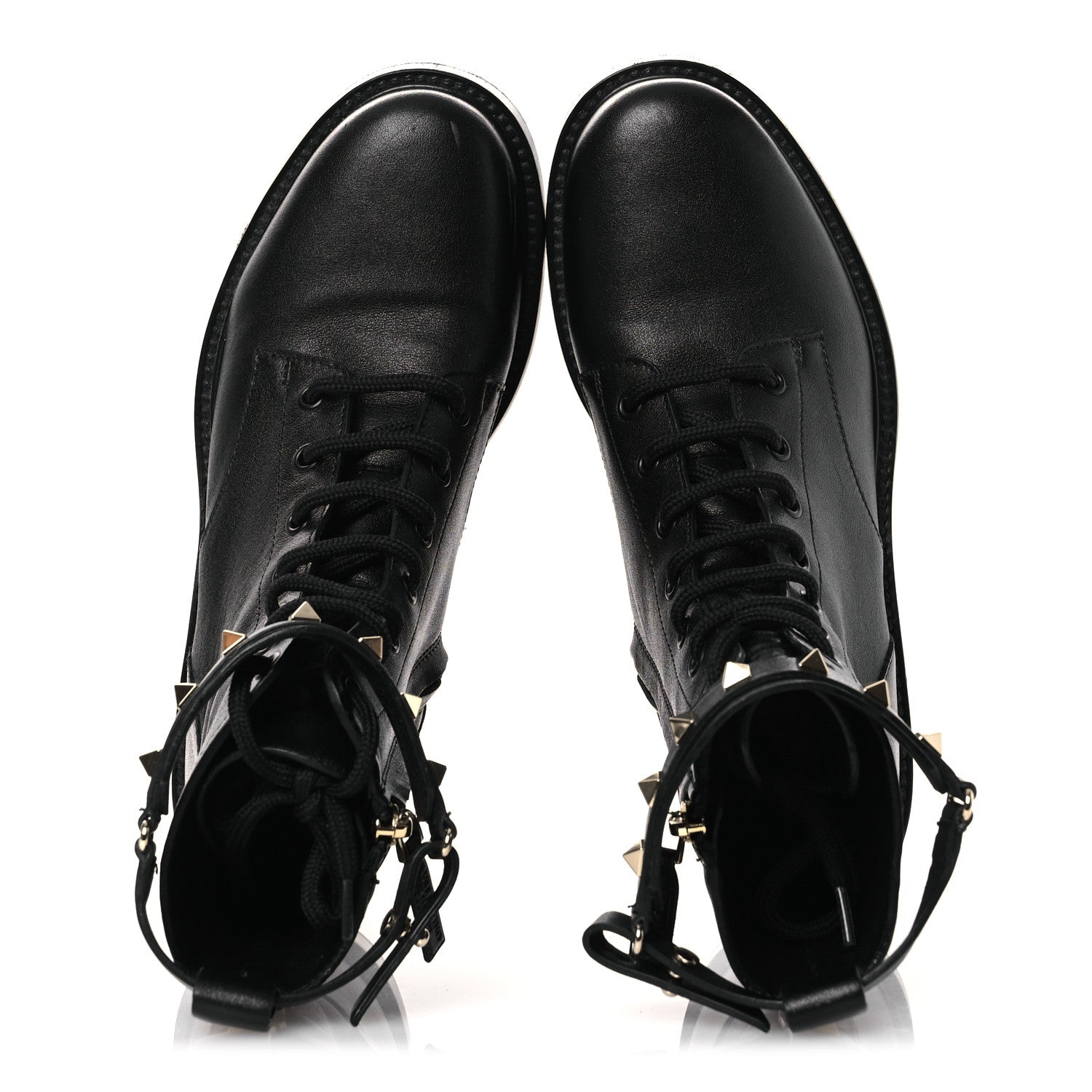 CALFSKIN ROCKSTUD COMBAT ANKLE BOOTS BLACK