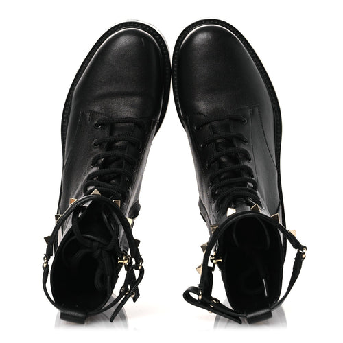 CALFSKIN ROCKSTUD COMBAT ANKLE BOOTS BLACK