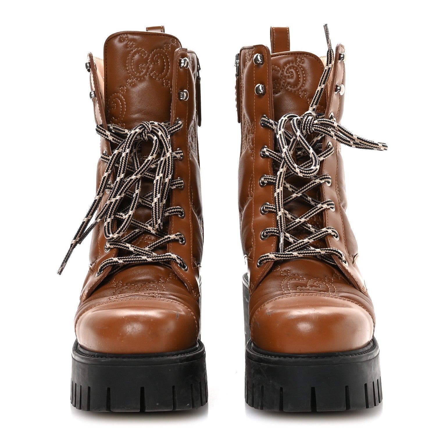 CORDOVAN LUX NAPPA GG MATELASSE LACE UP 60MM COMBAT BOOTS DARK HAZEL BROWN