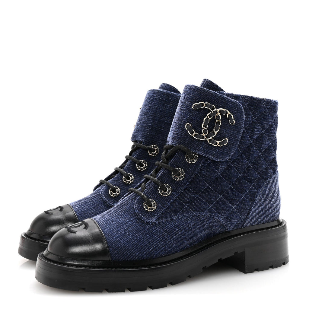 SHINY CALFSKIN VELVET QUILTED LACE UP COMBAT BOOTS BLUE BLACK