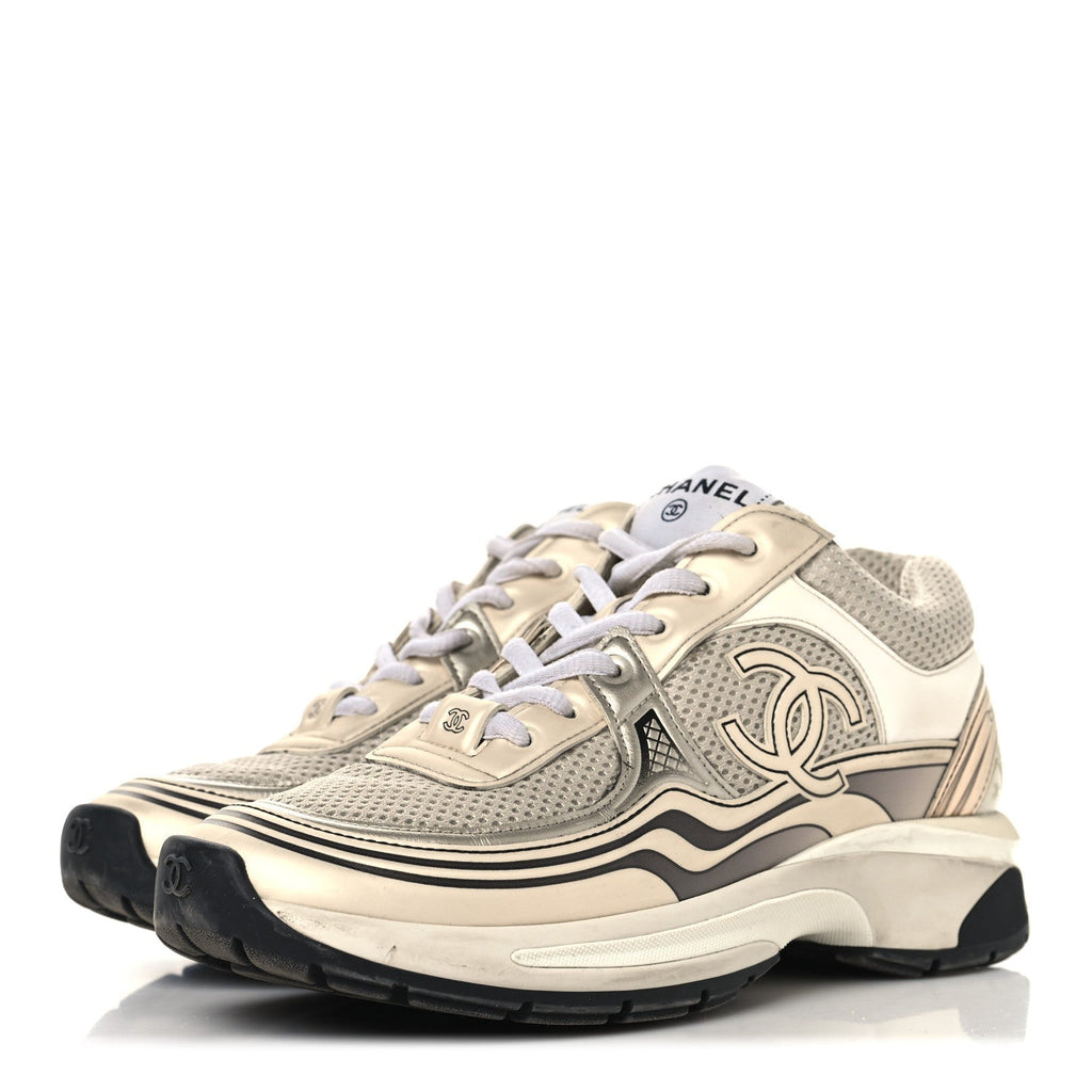 FABRIC LAMINATED CALFSKIN STRETCH CC WOMENS SNEAKERS IVORY WHITE SILVER