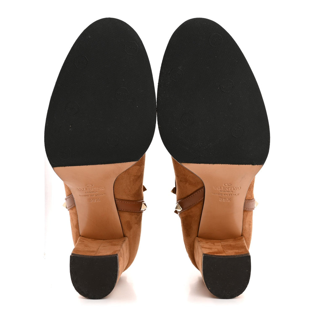 SUEDE ROCKSTUD DOUBLE BUCKLE 100MM BLOCK HEEL ANKLE BOOTS BROWN