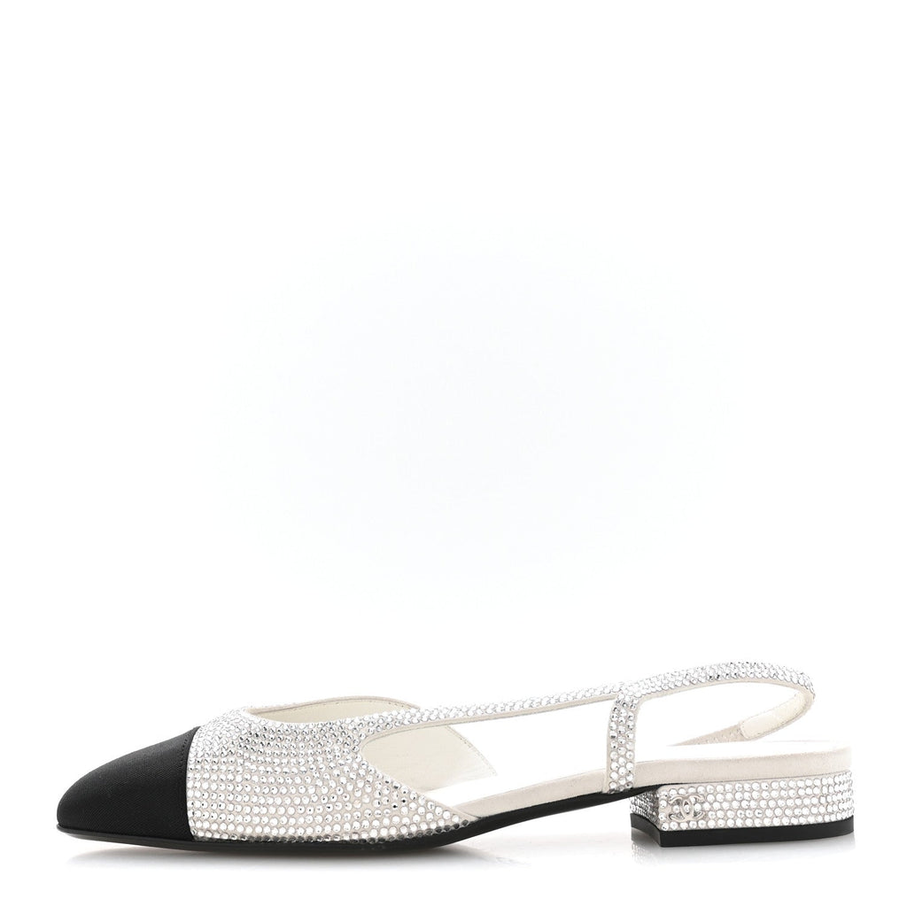 STRASS GROSGRAIN CAP TOE CC SLINGBACK FLATS SILVER BLACK