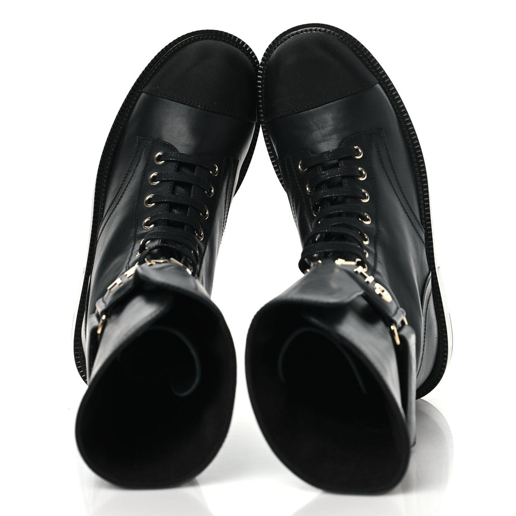 SHINY CALFSKIN GROSGRAIN LACE UP COMBAT BOOTS BLACK