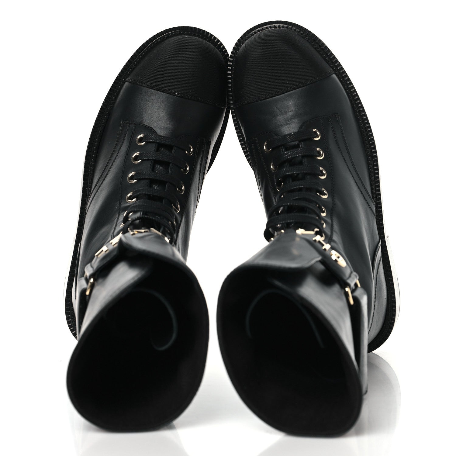 SHINY CALFSKIN GROSGRAIN LACE UP COMBAT BOOTS BLACK