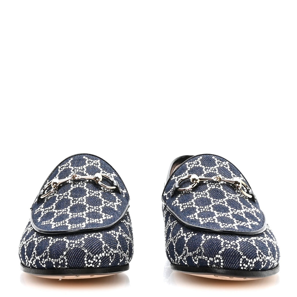 DENIM CRYSTAL GG MONOGRAM HORSEBIT WOMENS JORDAAN LOAFERS DEEP BLUE BLUE MILAD