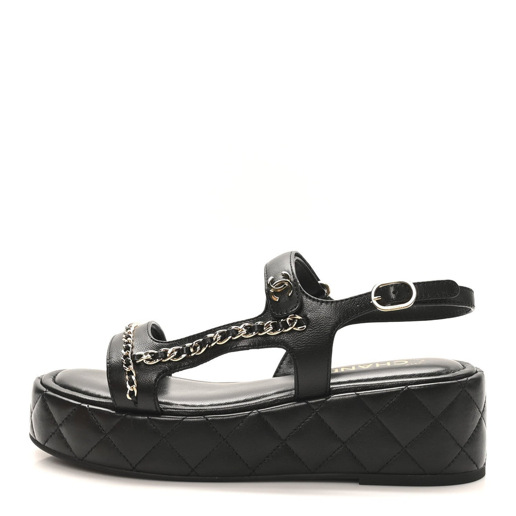 LAMBSKIN QUILTED CHAIN CC PLATFORM SANDALS BLACK