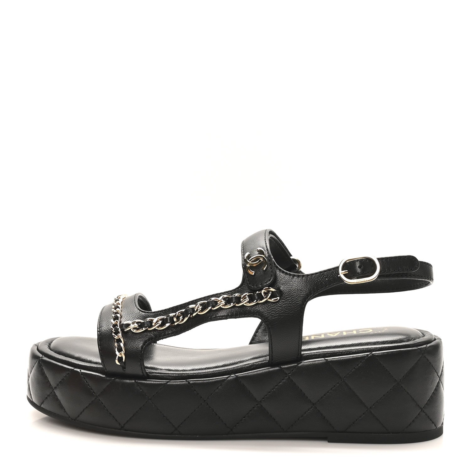 LAMBSKIN QUILTED CHAIN CC PLATFORM SANDALS BLACK