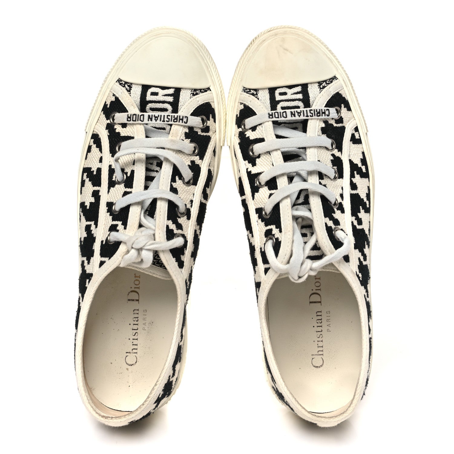 CANVAS MACRO HOUNDSTOOTH EMBROIDERED WOMENS WALK'N'DIOR LOW TOP SNEAKERS WHITE BLACK
