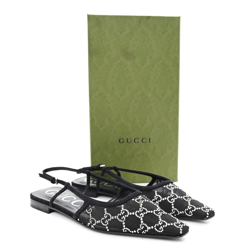 SUEDE MESH CRYSTAL GG MONOGRAM SLINGBACK BALLET FLATS BLACK