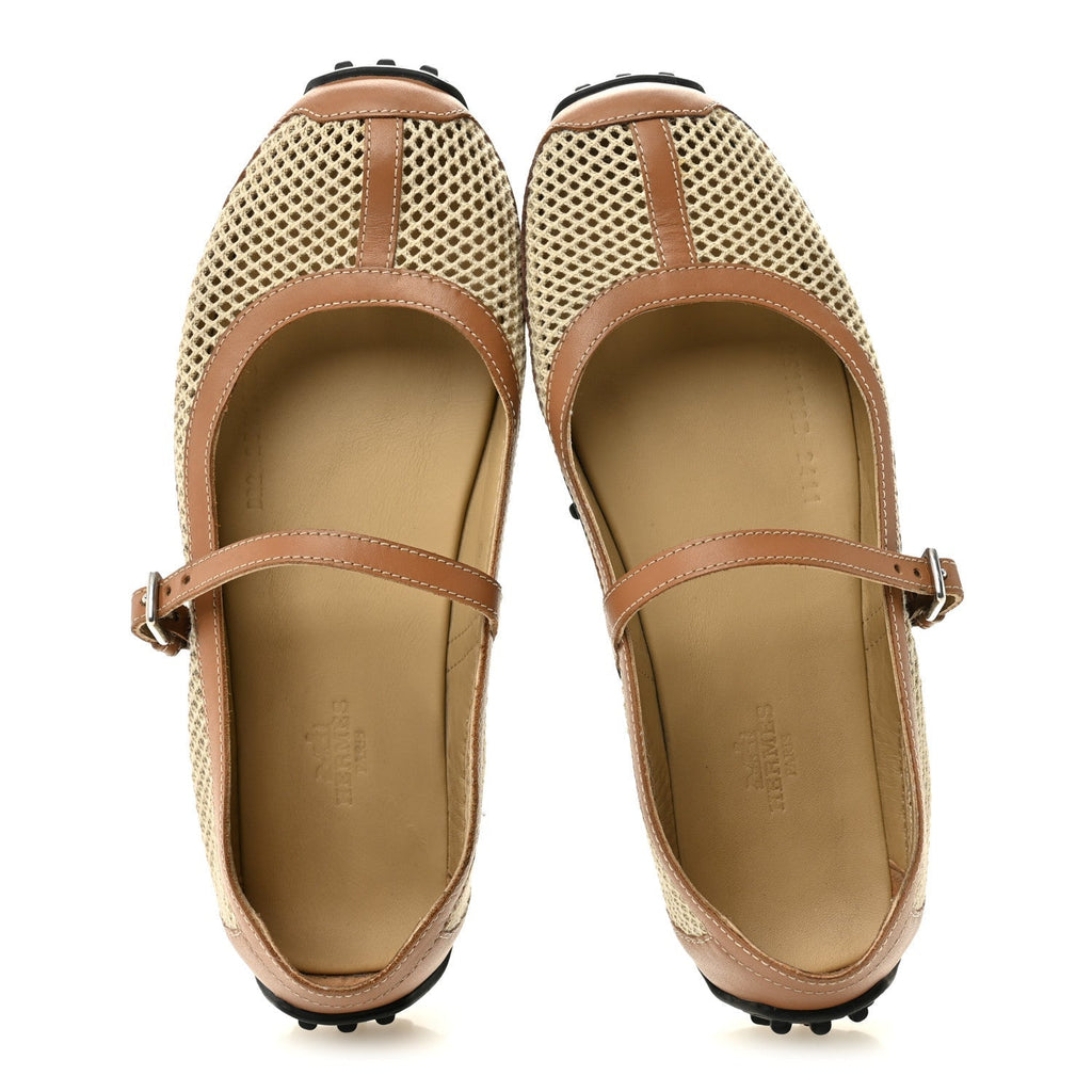 CROCHET KNIT CALFSKIN KICHU BALLET FLATS BEIGE LIN NATUREL