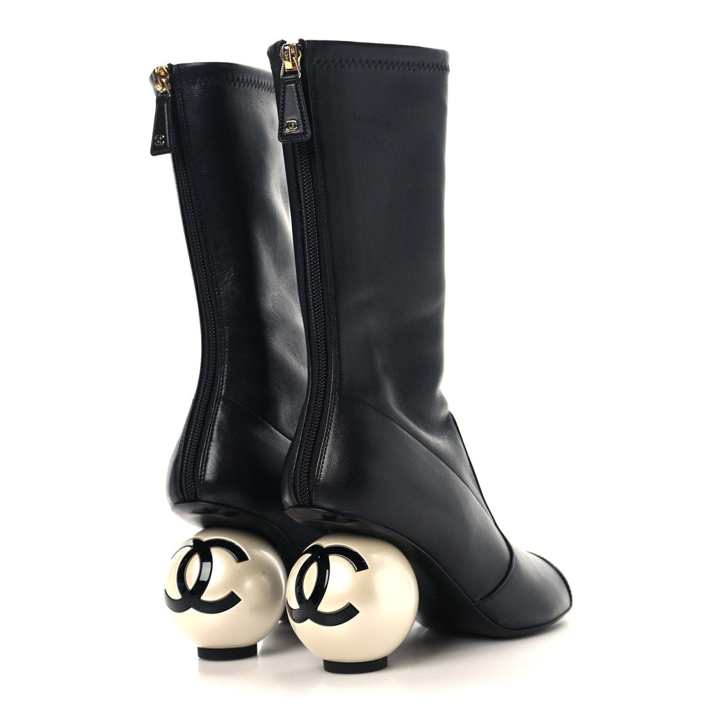 STRETCH LAMBSKIN PATENT CAP TOE PEARL BALL MID CALF BOOTS BLACK