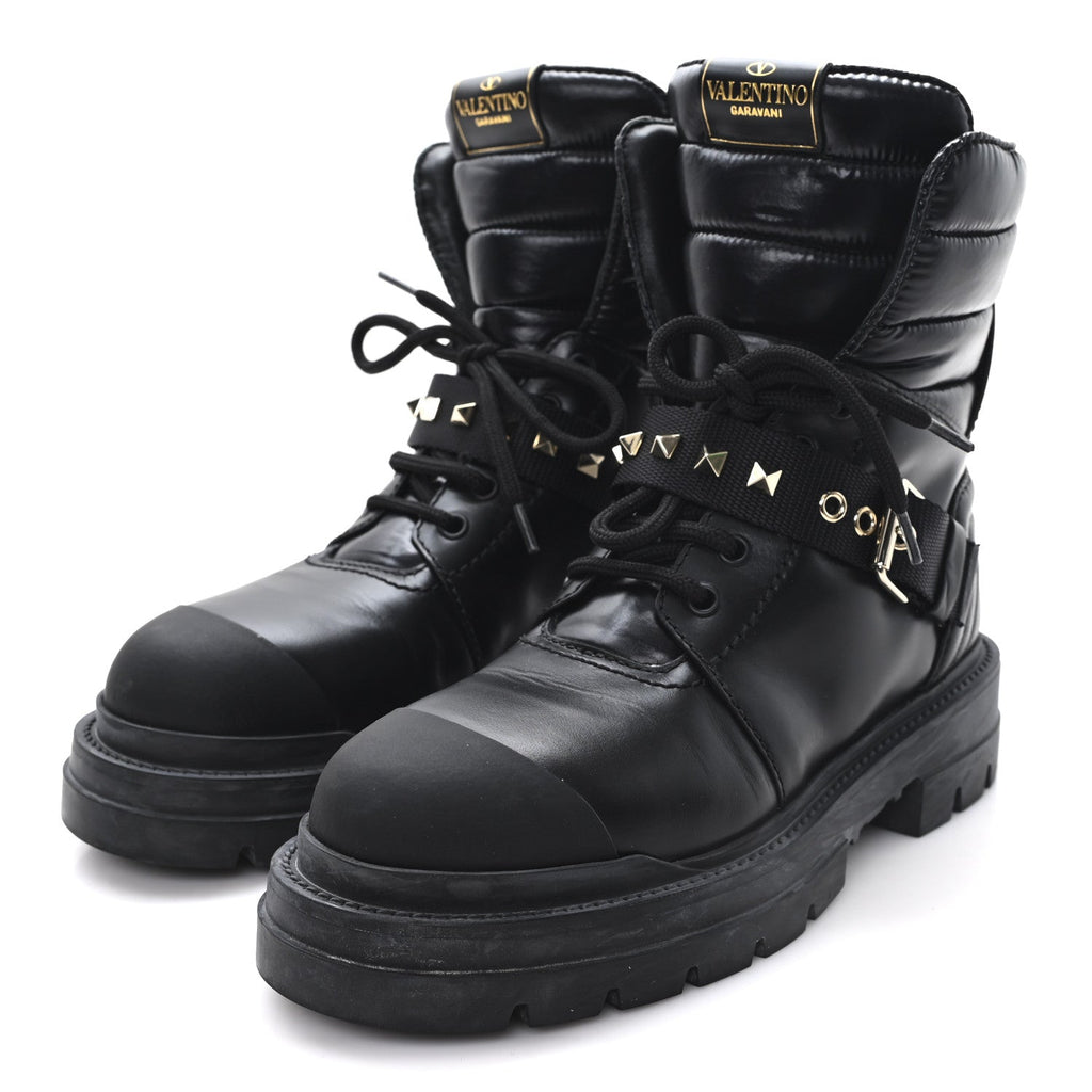 CALFSKIN NYLON QUILTED WATERPROOF ROCKSTUD COMBAT BOOTS BLACK